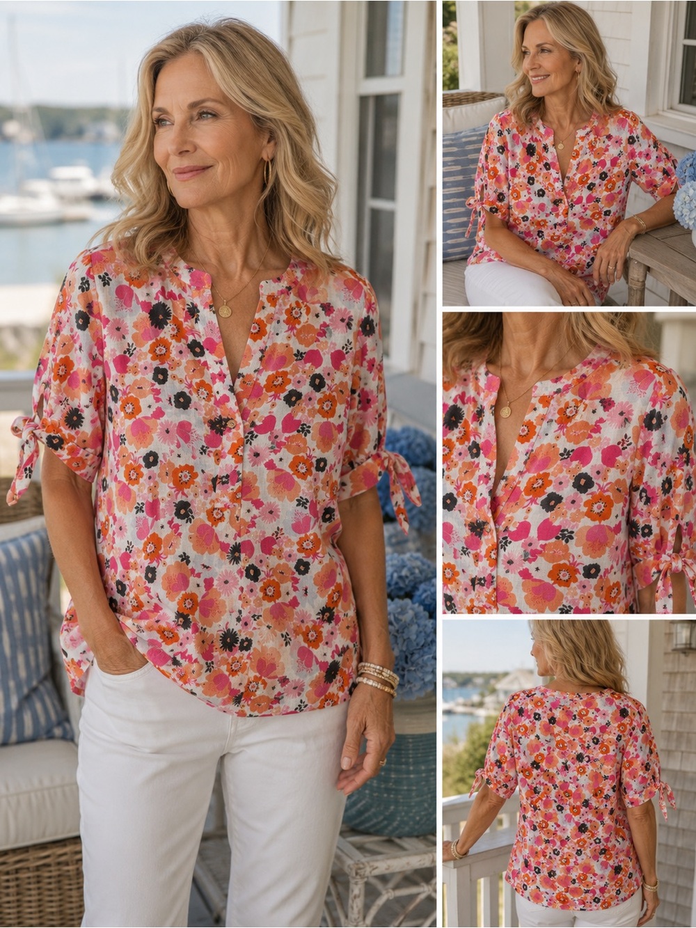 Charter Club Luxury 100% Linen Floral Tie Sleeve Blouse Pink Orange Size Medium
